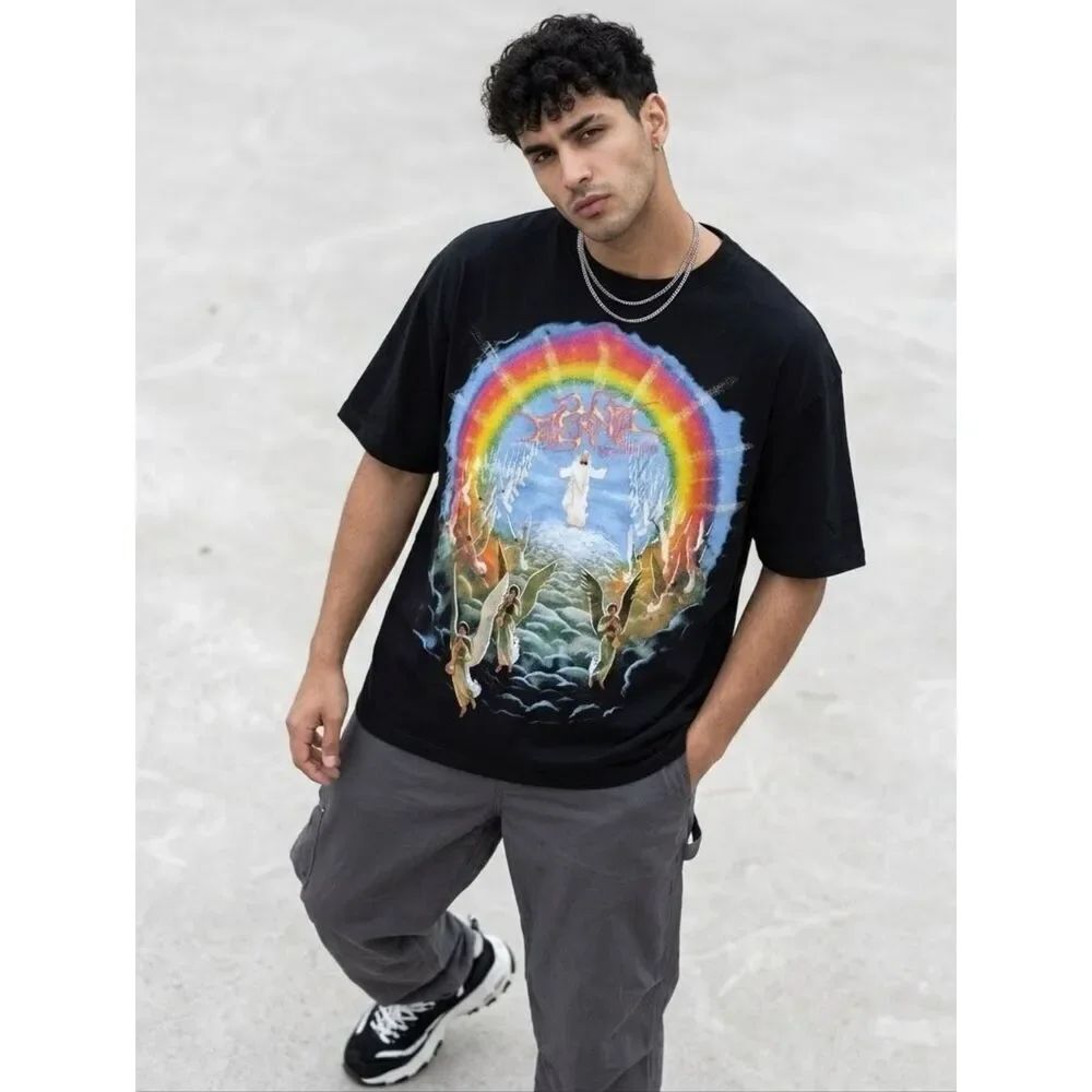 Eternal New Era of Art Graphic Tee Celestial Angel Streetwear Black Size L